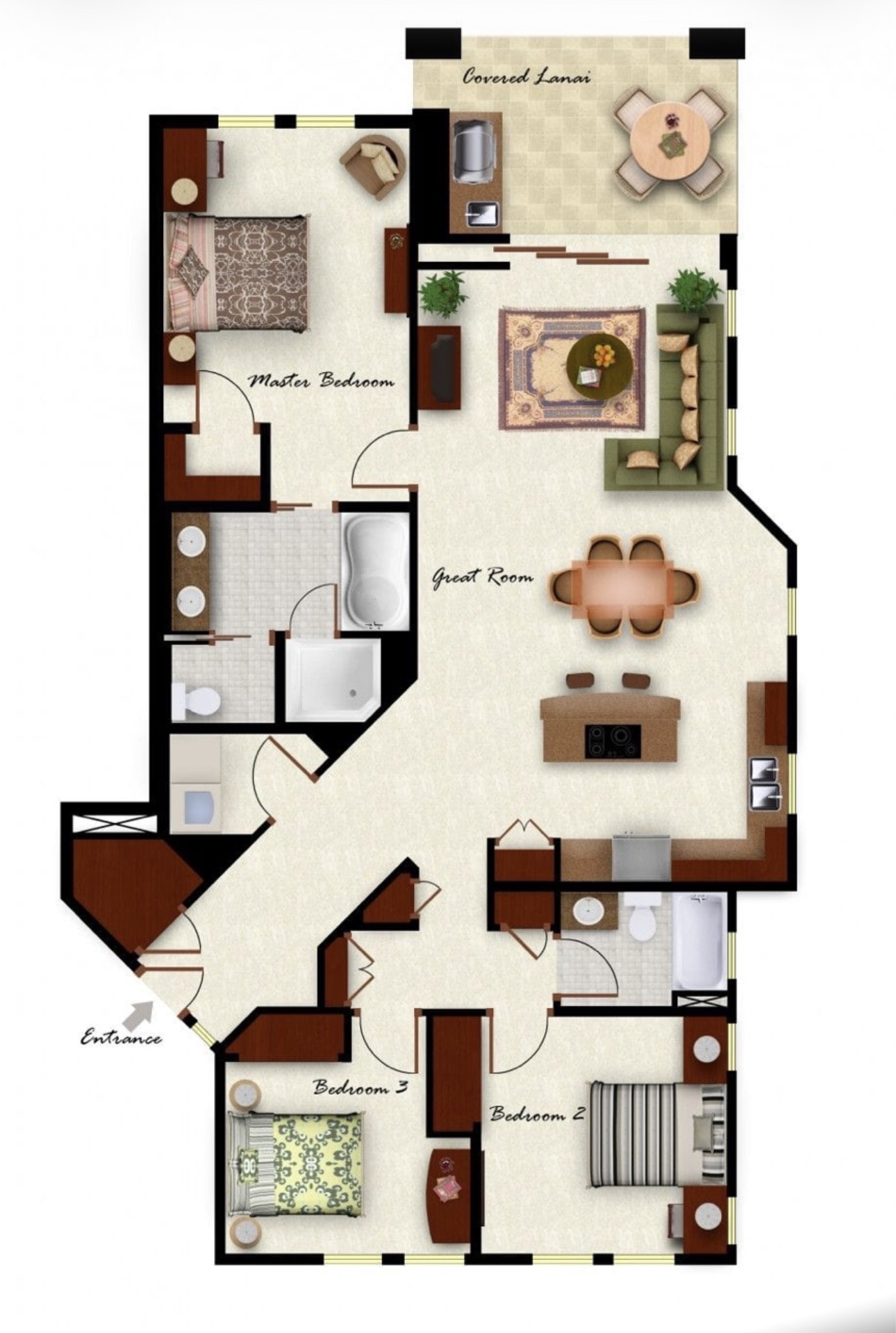 Floor plan residencial a color mostrando Master Bedroom, Great Room, cocina y garaje, formato aceptado por ciudades de Texas