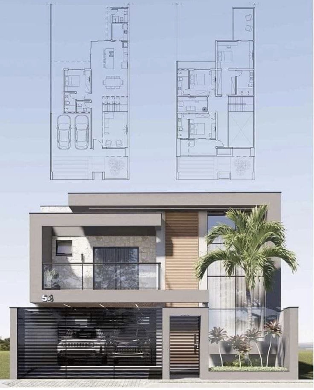 Set de planos arquitectónicos y render de fachada de casa moderna de dos pisos diseñada para código residencial de Texas