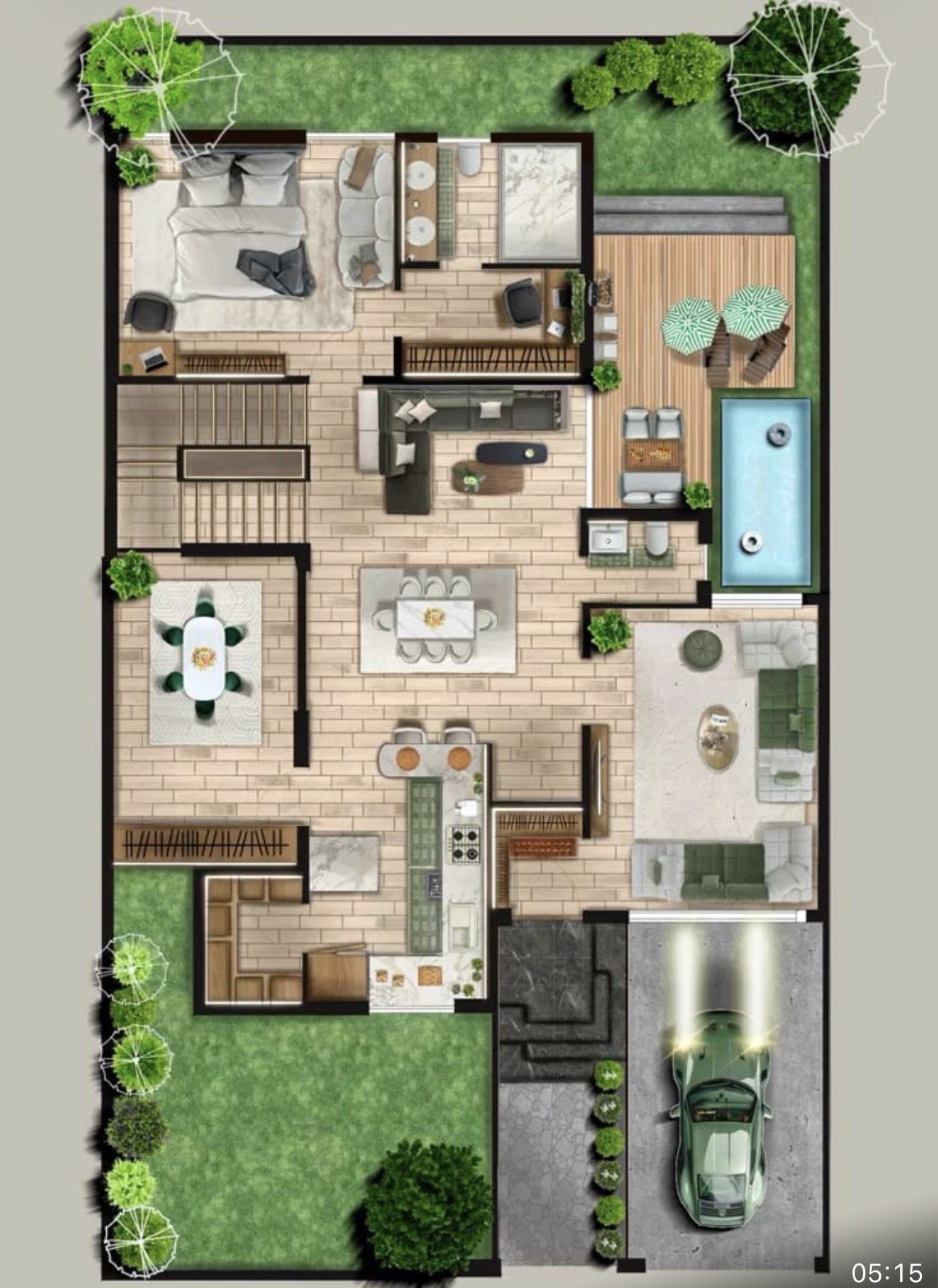 Plano arquitectónico residencial a color con distribución de habitaciones, cocina y baños listo para trámite de permiso en Texas