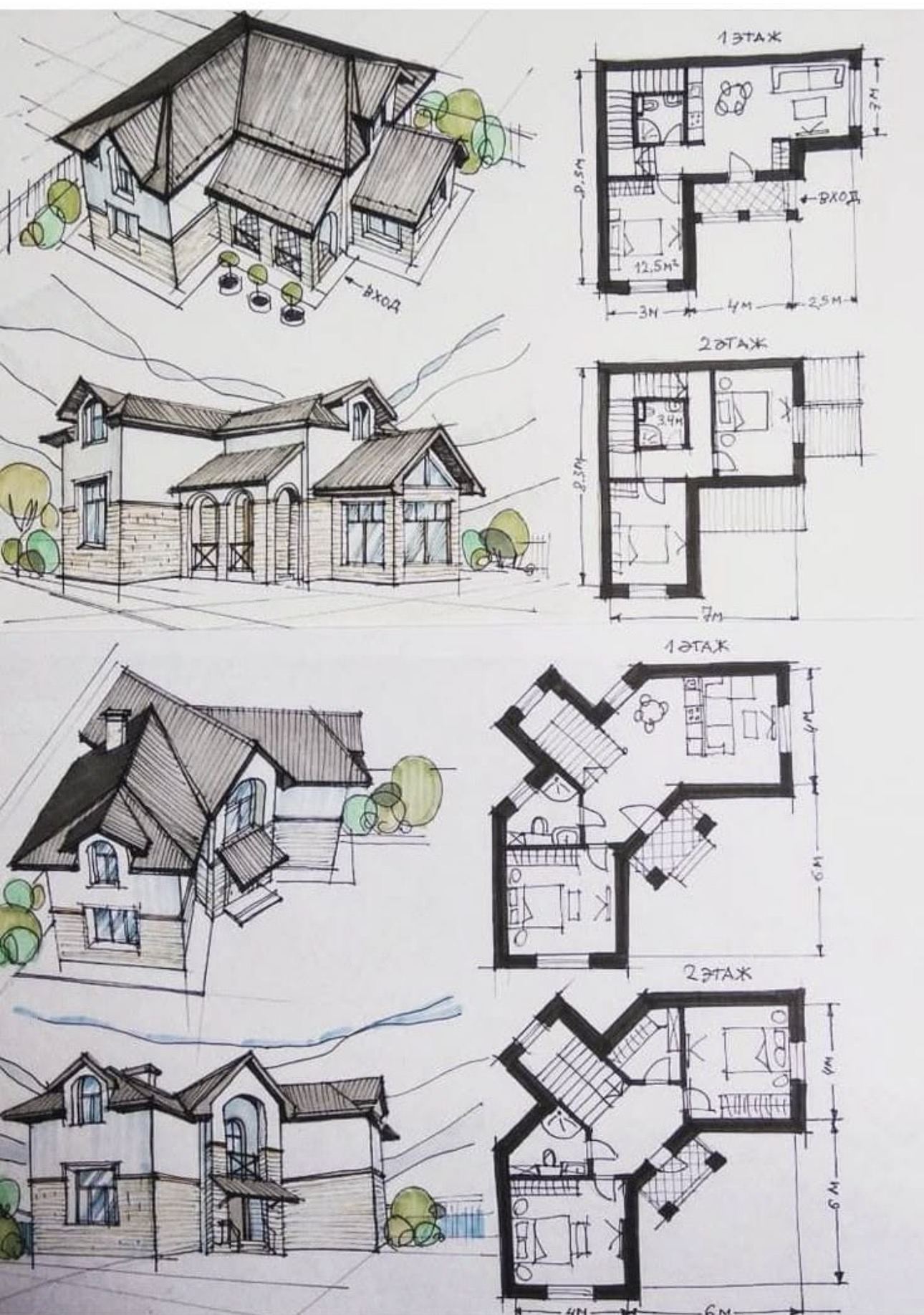 Bocetos arquitectónicos y anteproyectos a mano de viviendas residenciales previos a los planos finales para permiso